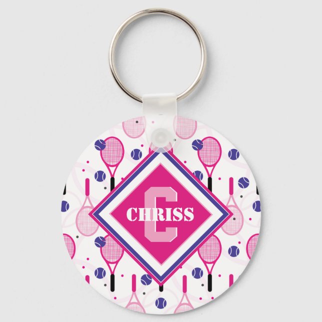 Med namn & initial, rosa och lila tennisrackets nyckelring (Framsida)