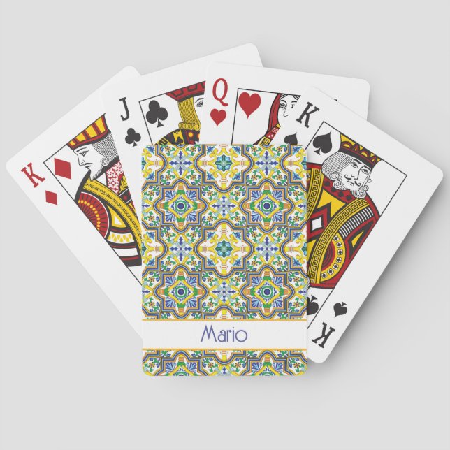 Med namn 💛 💙 💚 stenblått och gult Azulejos Casinokort (Baksidan)