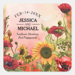 🌻 med namn Sunny Petals & Scarlet Blooms Fyrkantigt Klistermärke