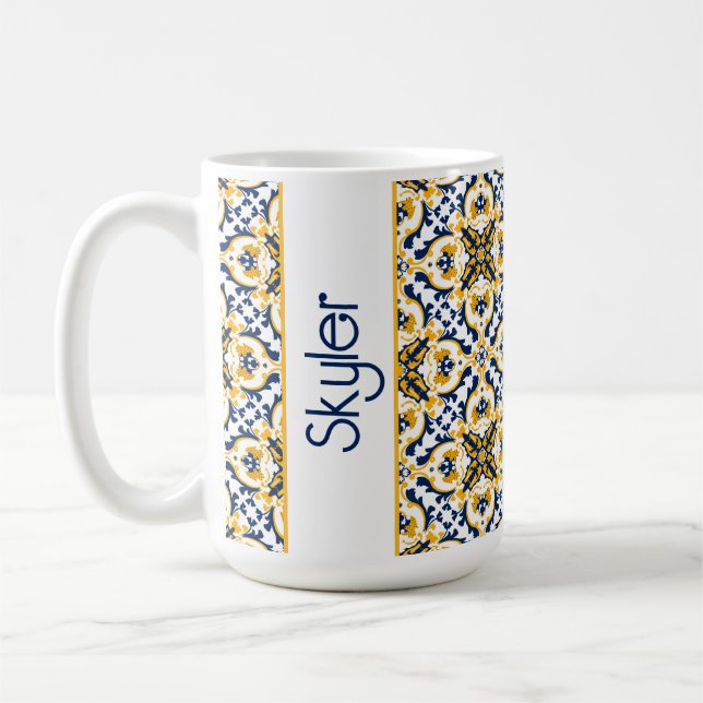 Med namn 💙 💛 vackra blått och gult Azulejos Kaffemugg (Vänster)