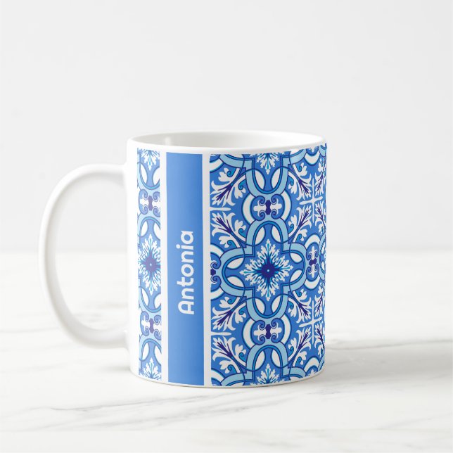 Med namn 🤍 💙 vit och blå Porto Azulejos Kaffemugg (Vänster)