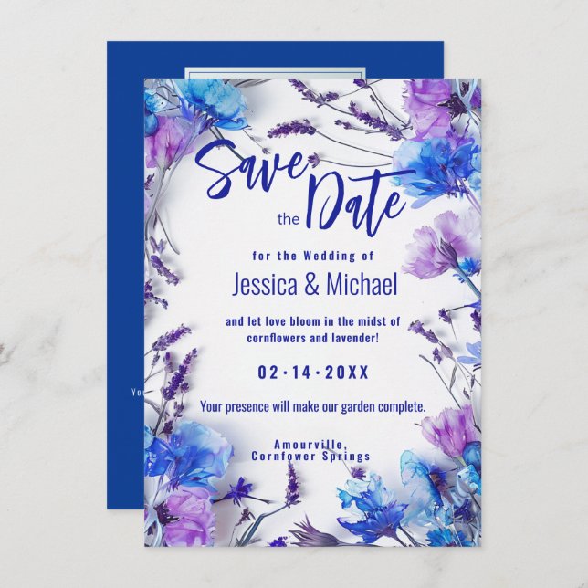Med Photo Cornblommor och Lavender Elegance Spara Datumet (Fram/baksida)