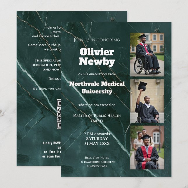 🎓Med QR Green Luxury Marble Examenstårtparty Inbjudningar (Fram/baksida)