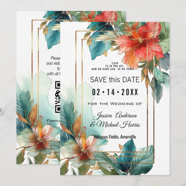 Med QR-kod Hibiscus Sergranat Paradise Spara Datumet (Fram/baksida)
