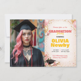 🎓Med QR-kod Horisontell Rosa & Guld Blommig Inbjudningar