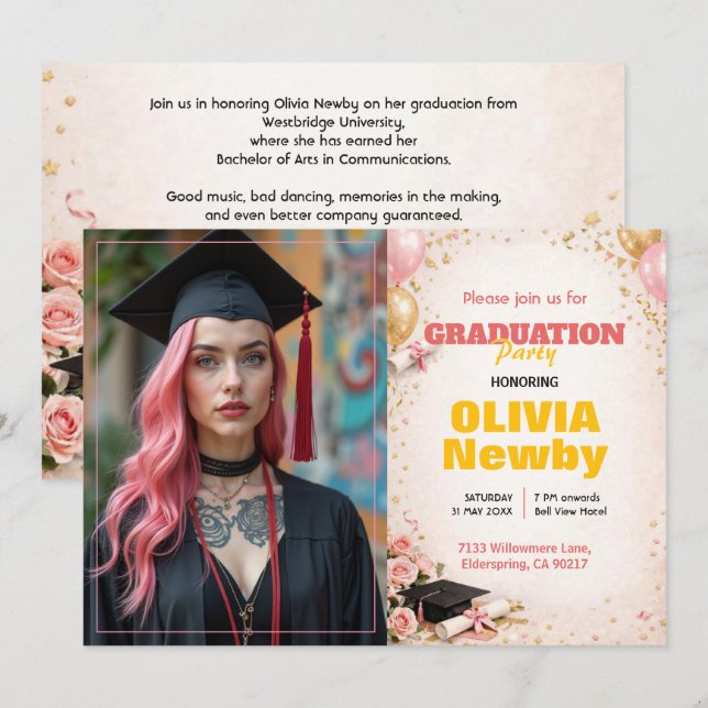 🎓Med QR-kod Horisontell Rosa & Guld Blommig Inbjudningar (Fram/baksida)