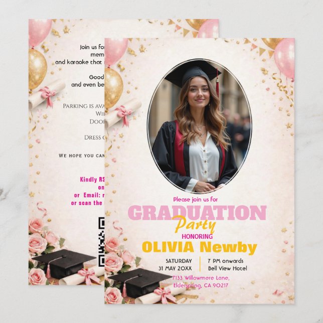 🎓Med QR-kod Rosa &  Ballonglysnande examen Inbjudningar (Fram/baksida)