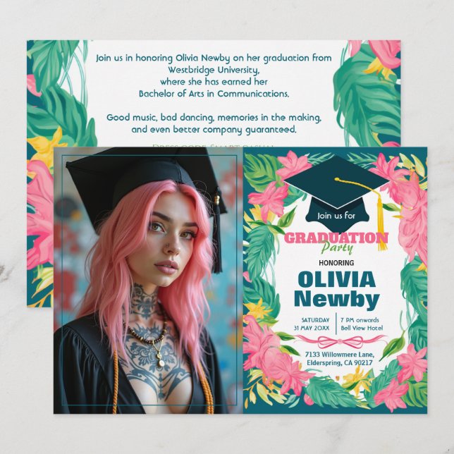 🎓Med QR-kod Tropical Bloom Enstaka foto Inbjudningar (Fram/baksida)
