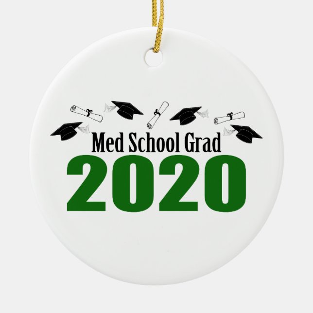 Med School Grad 2020 Caps and Diplomas (Grönt) Julgransprydnad Keramik (Framsidan)