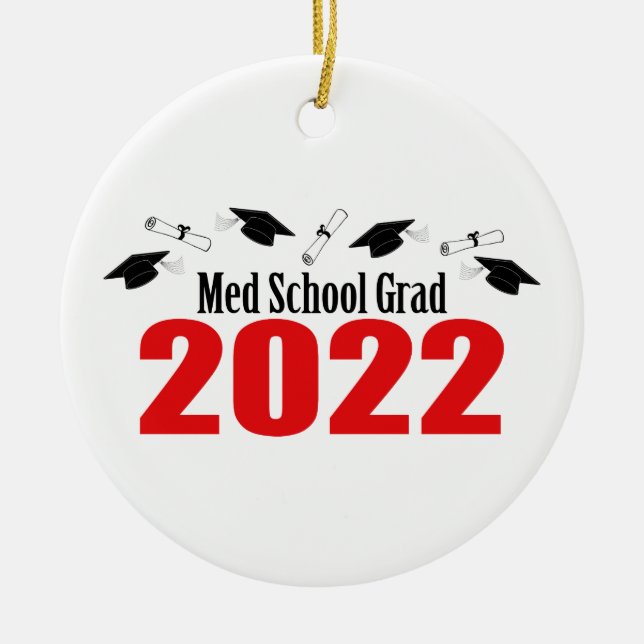 Med School Grad 2022 Caps and Diplomas (Red) Julgransprydnad Keramik (Framsidan)
