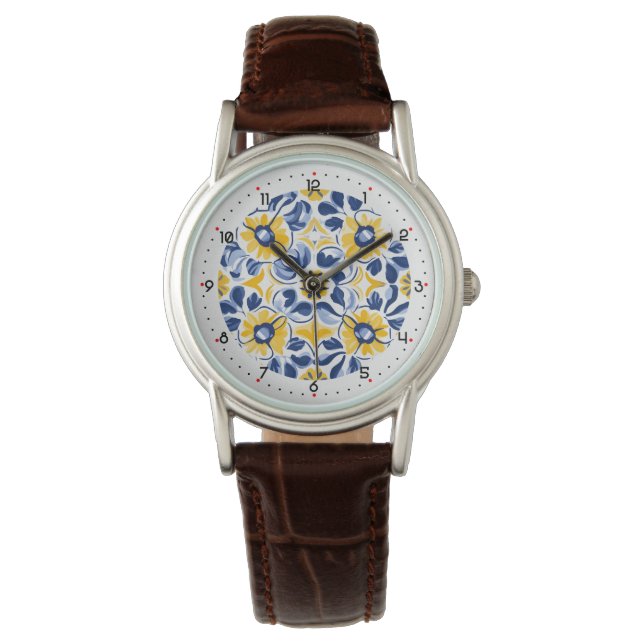 Med siffror vacker Blommigt azulejo Armbandsur (Framsida)
