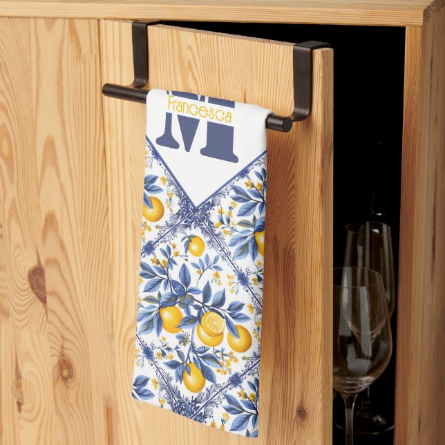 Med text och inledande 🍋 Lemon Azulejo med blå te Kökshandduk (Thirds Fold)