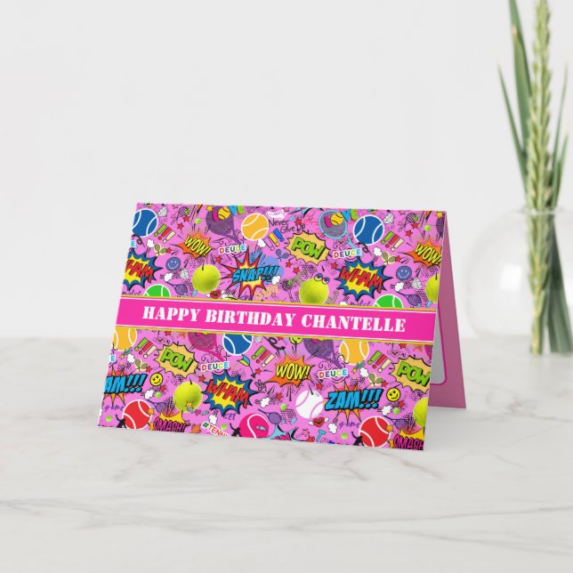 Med text 😍 rosa Eclectic tennis 🎾 Birthday Card Tack Kort (Framsida)