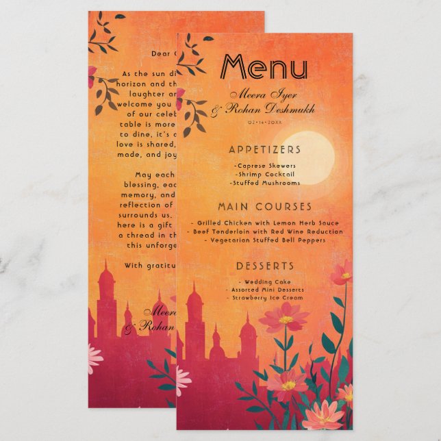 Med underbar text Menu-kort Sunset Sergranat Meny (Fram/baksida)