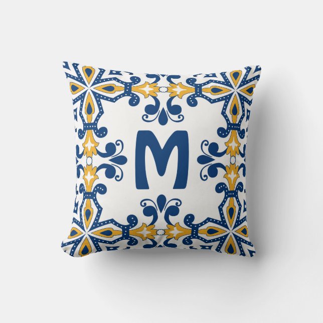 Med ursprunglig 💛 💙 blå och gult Azulejos Kudde (Framsida)