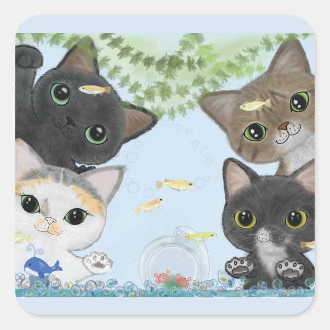 Medaka Cats Fyrkantigt Klistermärke (Framsida)