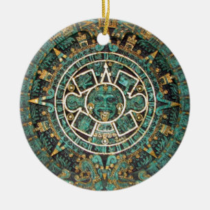 Medaljongen myntar prydnaden, forntida Aztec Julgransprydnad Keramik