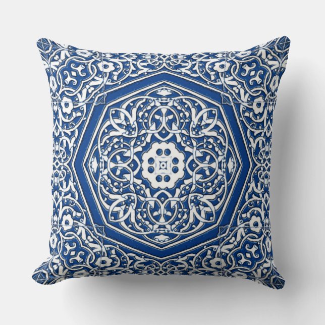 Medallion i Persian Tile Mönster - Blue and White Kudde (Framsida)
