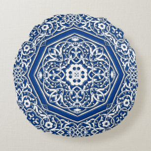 Medallion i Persian Tile Mönster - Blue and White Rund Kudde