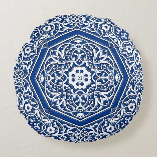 Medallion i Persian Tile Mönster - Blue and White Rund Kudde (Framsidan)
