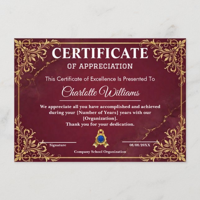 Medarbetarerkännande Certifikat Rött Guld (Framsida)