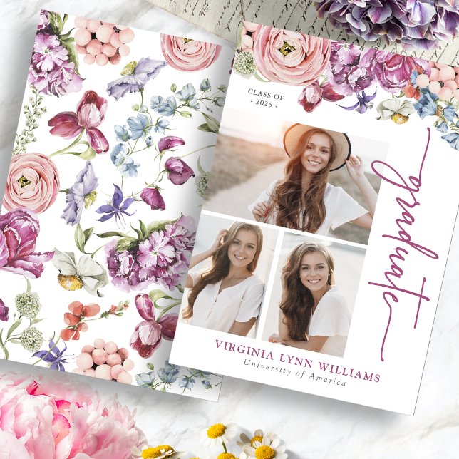 Meddelande från Burgundy Blommigt Studenten (Burgundy Floral Graduation Announcement with Pictures by Painted Paperie
)