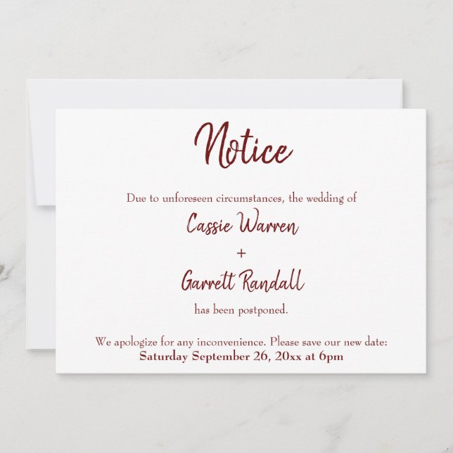 Meddelande från Burgundy uppskjutit Bröllop Inbjudningar (Framsida)