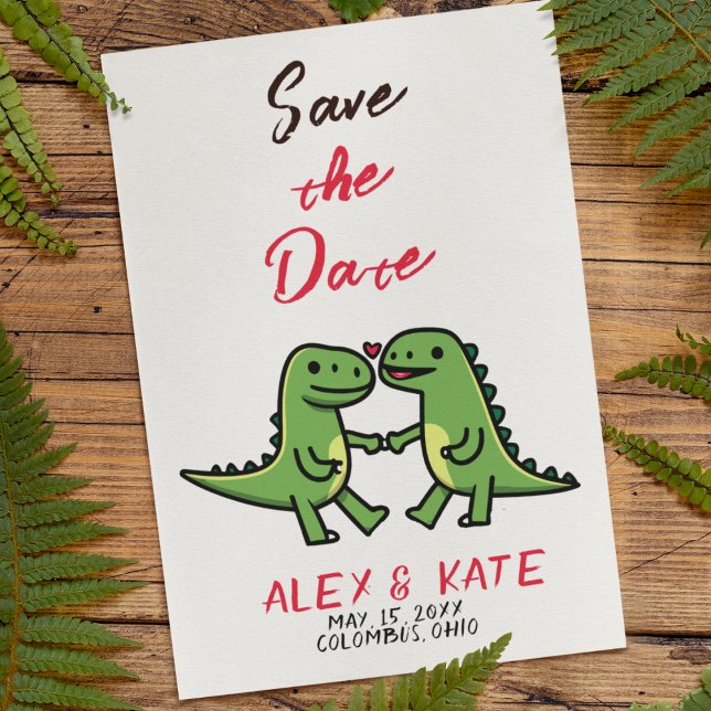 Meddelande från Cute Dino Bröllop spara datum (Dinosaur Wedding Invitations
)