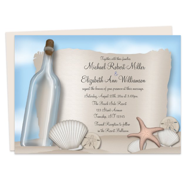 Meddelande från en inbjudan till Flaska - Beach We (Message from a Bottle - Beach Wedding Invitations from Starzraven. Downloadable evite available.)