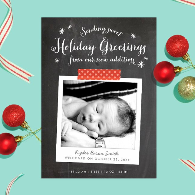 Meddelande från Jul-jul-Baby i Chalkboard (Chalkboard and whimsical lettering with Washi tape detail instant photo Christmas baby announcement)