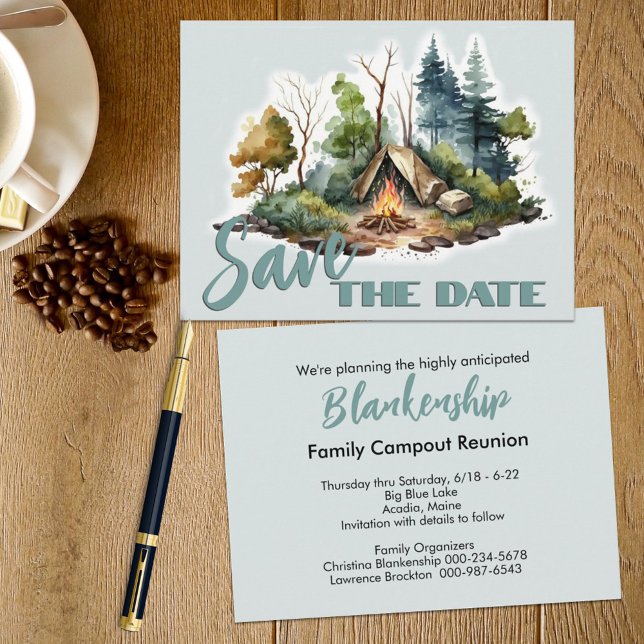 Meddelande från Reunion Firande Watercolor Tält Vykort (This easy to personalize family reunion save the date announcement also serves as the invitation. )