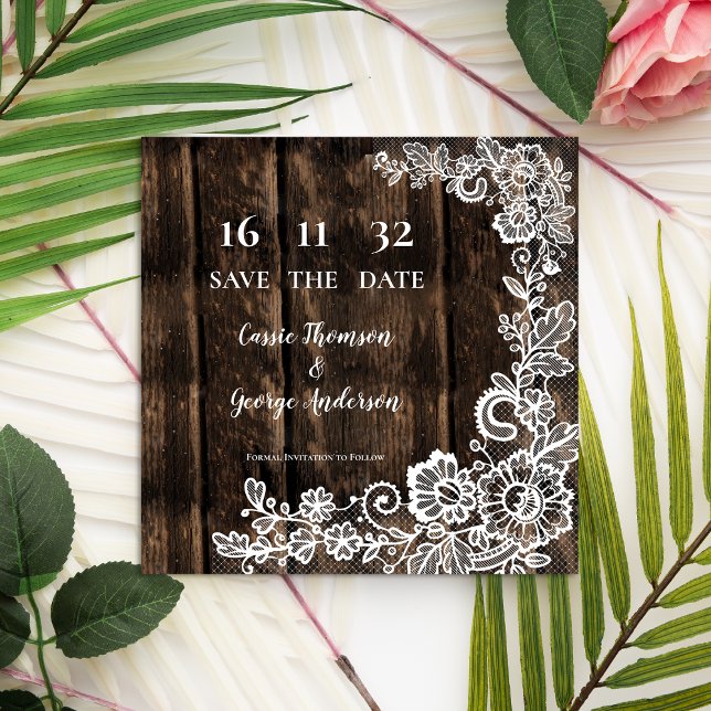 Meddelande från Rustic Wood Snöre Blommigt Bröllop (Rustic Wood Lace Floral Wedding Announcement)