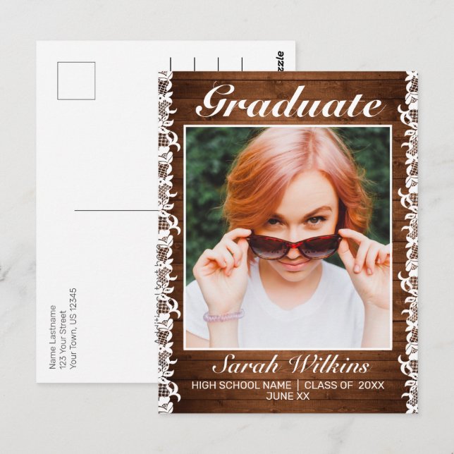 Meddelande från Rustic Wood & White Snöre Studente Vykort (Fram/baksida)