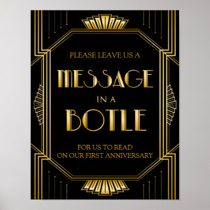 Meddelande i ett Flaska Bröllop-tecken Art Deco Poster