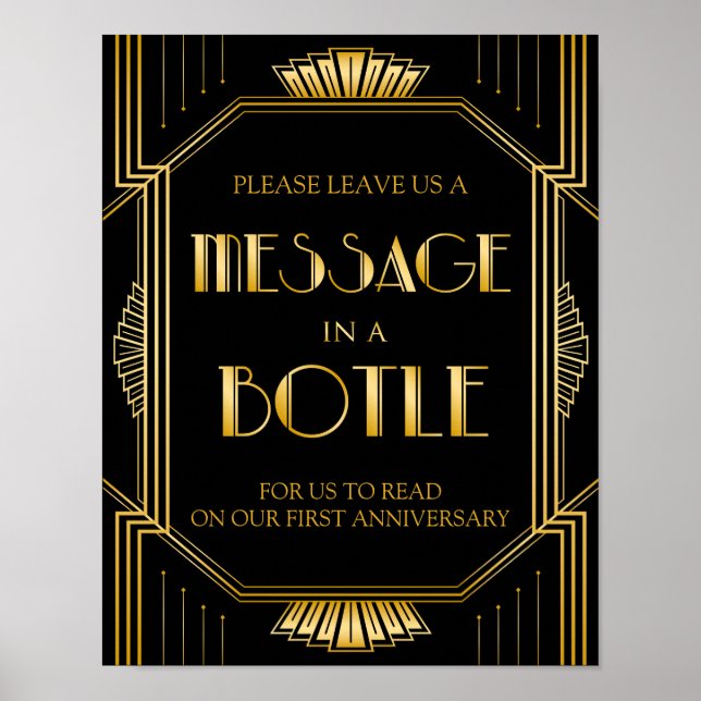 Meddelande i ett Flaska Bröllop-tecken | Art Deco  Poster (Framsidan)