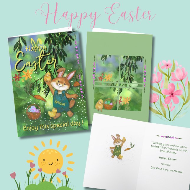 Meddelande om Anpassningsbar för Whimsical Påskhar ( Watercolor Easter Bunny Chicken Custom Message Holiday Card)