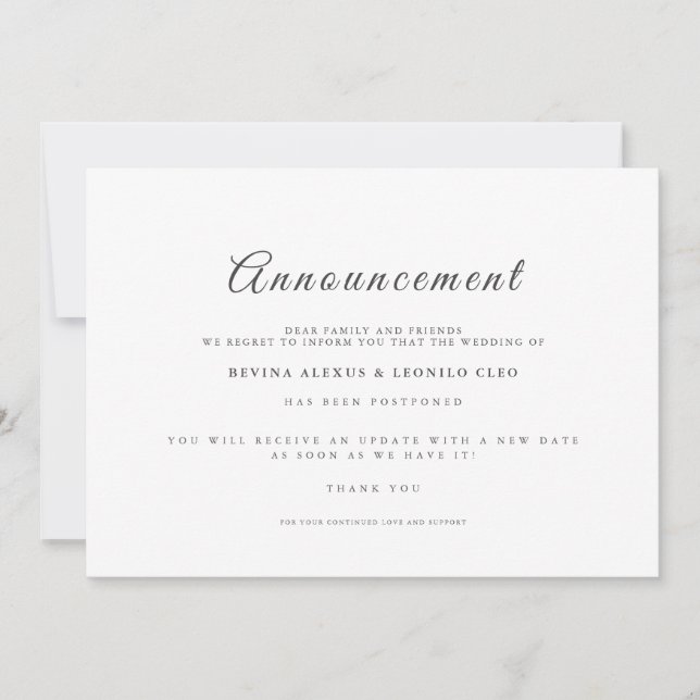 Meddelande om avbrytande av uppskjutning av bröllo inbjudningar (Framsida)