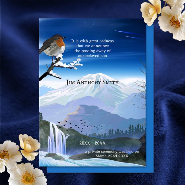 Meddelande om barndöden eller Inbjudan (Memorial or child death announcement card with a robin overlooking the mountains and waterfall)