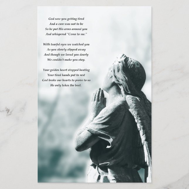 Meddelande om begravningstjänster för ängelbön (Framsida)