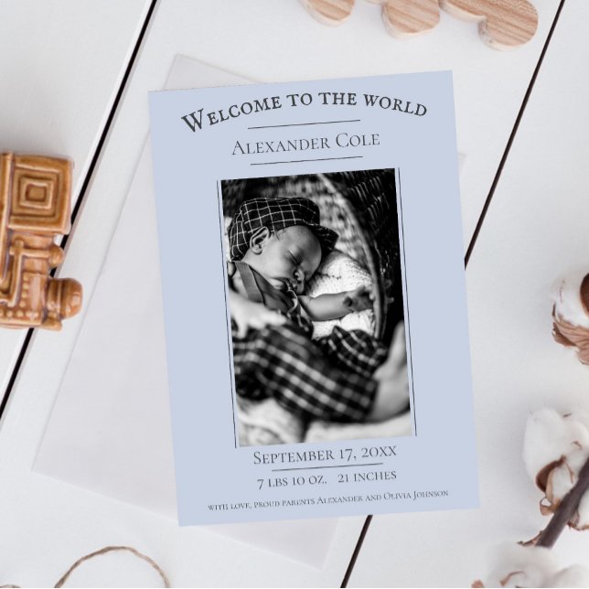 Meddelande om blått minimalistiskt fotofödelse (Blue Minimalist Photo Birth Announcement)