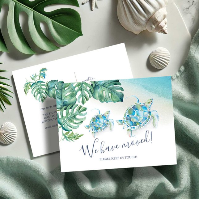 Meddelande om botanisk Flytta i Tropiska havets sk Vykort (We have moved postcards watercolor sea turtle and monstera palm leaf art by Victoria Grigaliunas)