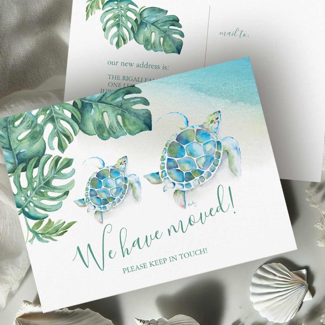 Meddelande om botanisk Flytta i Tropiska havets sk Vykort (Moving announcement postcard watercolor tropical beach art by Victoria Grigaliunas Do Tell A Belle)