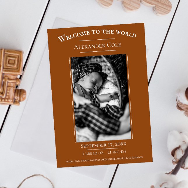 Meddelande om bränd Orange - minimalistiskt fotolä (Burnt Orange Minimalist Photo Birth Announcement)