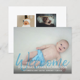 Meddelande om budgetblått välkomstmultifoto Baby