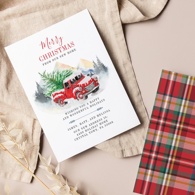 Meddelande om Flytta av budgetjulens Helgdag (Plaid Red Truck Rustic Holiday Moving Announcement)
