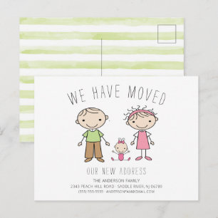 Meddelande om Flytta av Cute Stick figur-familjen Vykort