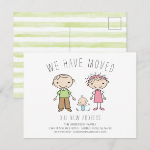Meddelande om Flytta av Cute Stick figur-familjen Vykort