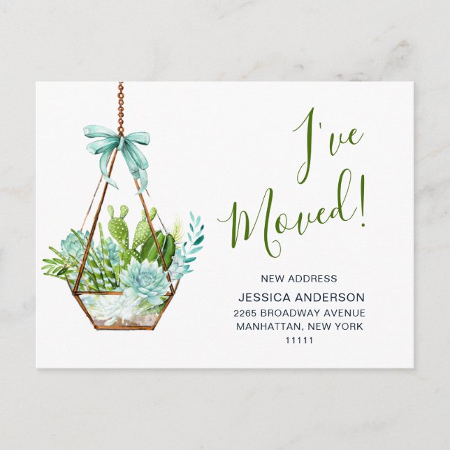 Meddelande om Flytta av Cute Watercolor Cactus Vykort (Framsida)