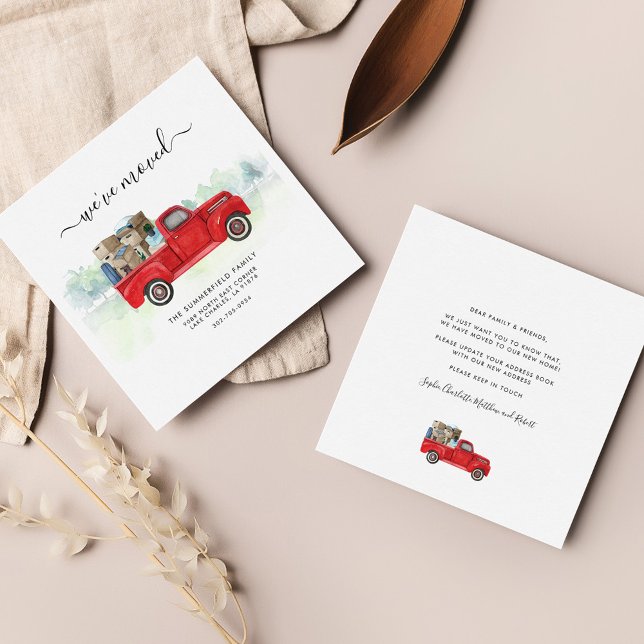 Meddelande om Flytta av vattenfärg i vi har flytta (Moving Address Update Watercolor Red Truck Announcement)