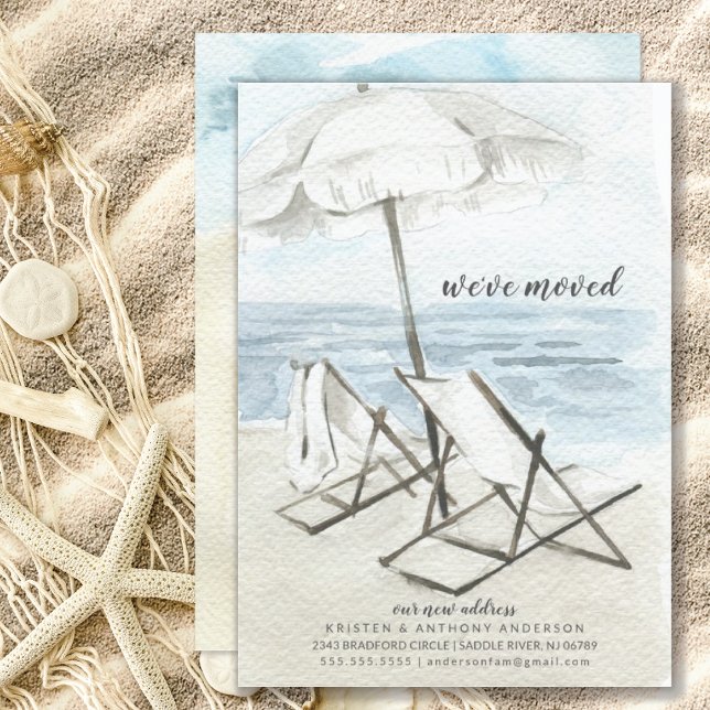 Meddelande om Flytta för Watercolor Beach-stolar Inbjudningar (Skapare uppladdad)